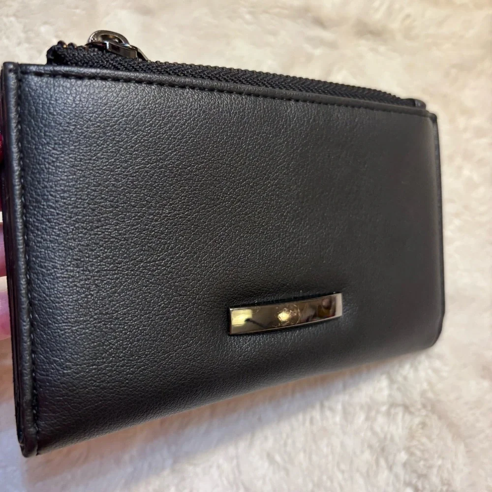 Black Wallet Faux Leather Steel Hardware Snap Closure Zip Pocket Billfold